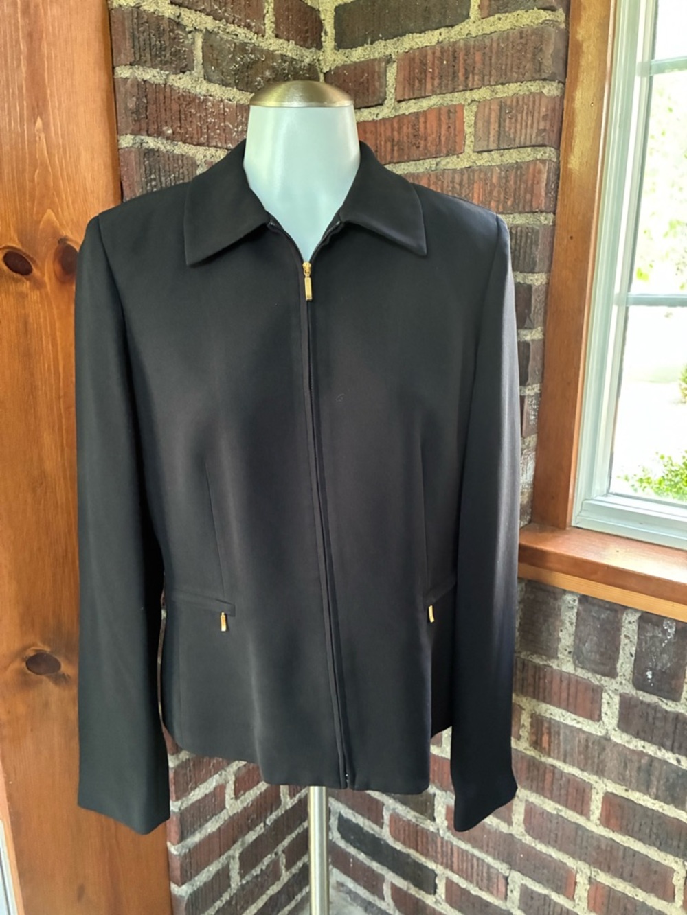 Casual Corner Black Zip-Up Blazer with Gold Accents
